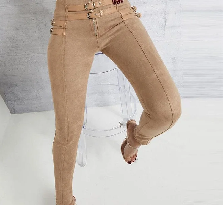 Suede Skinny Belt Buckle High Waist Pencil Pants