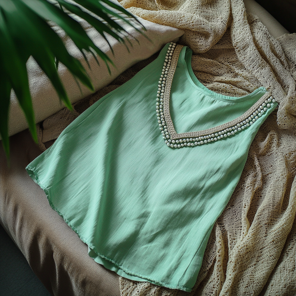  Elegant Pearl-Trimmed Mint Green Tank Top for Summer