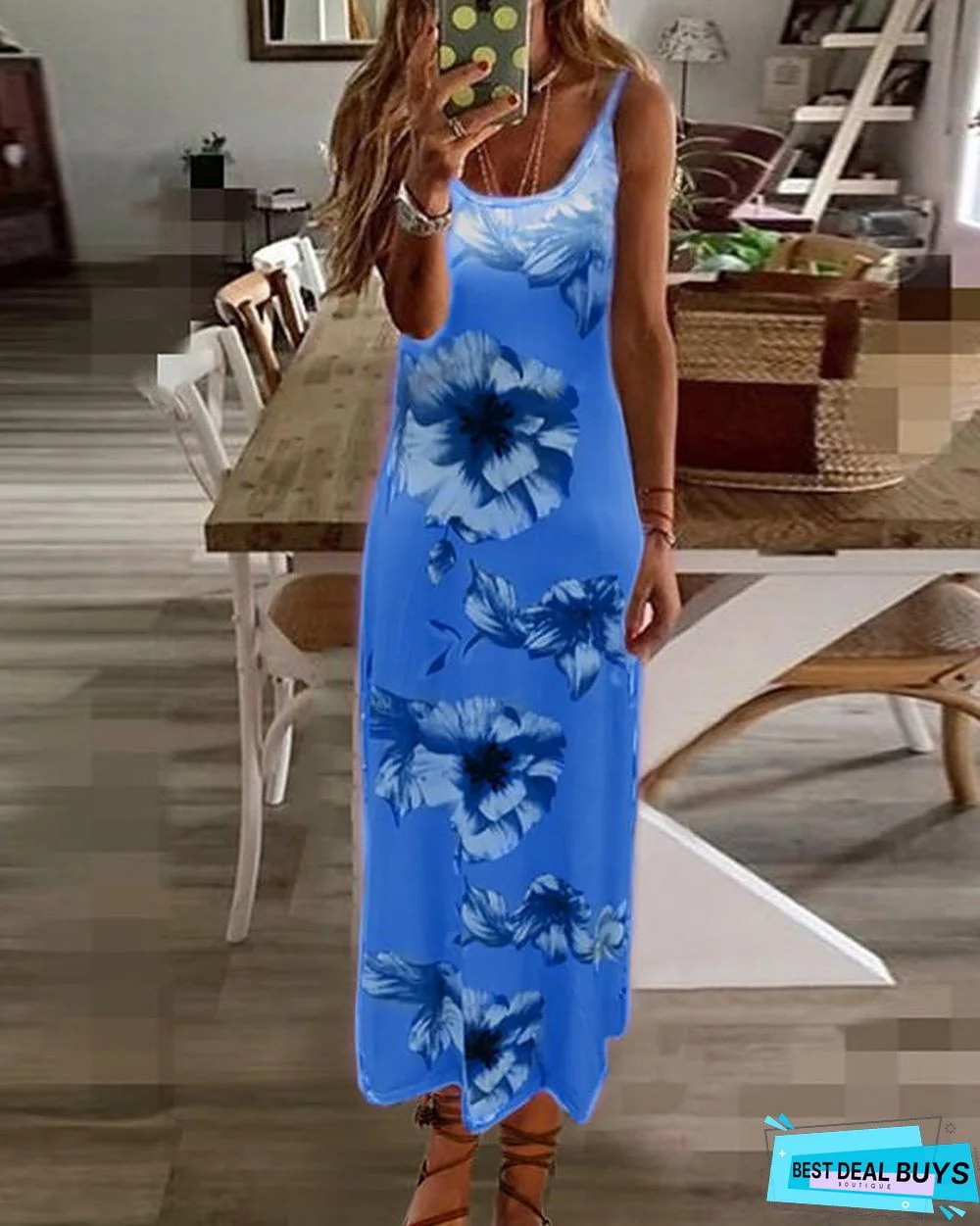 Women's Swing Dress Maxi Long Dress - Sleeveless Floral Print Summer V Neck Plus Size Hot Casual Beach Vacation Dresses Blue Purple Blushing Pink Fuchsia Green Gray