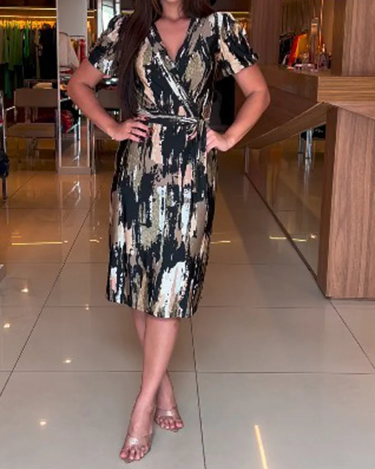 V-Neck Printed Waist Dress