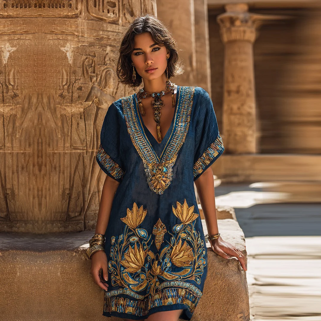 Women's Egyptian Ethnic Lotus Art Casual V Neck Linen Dress