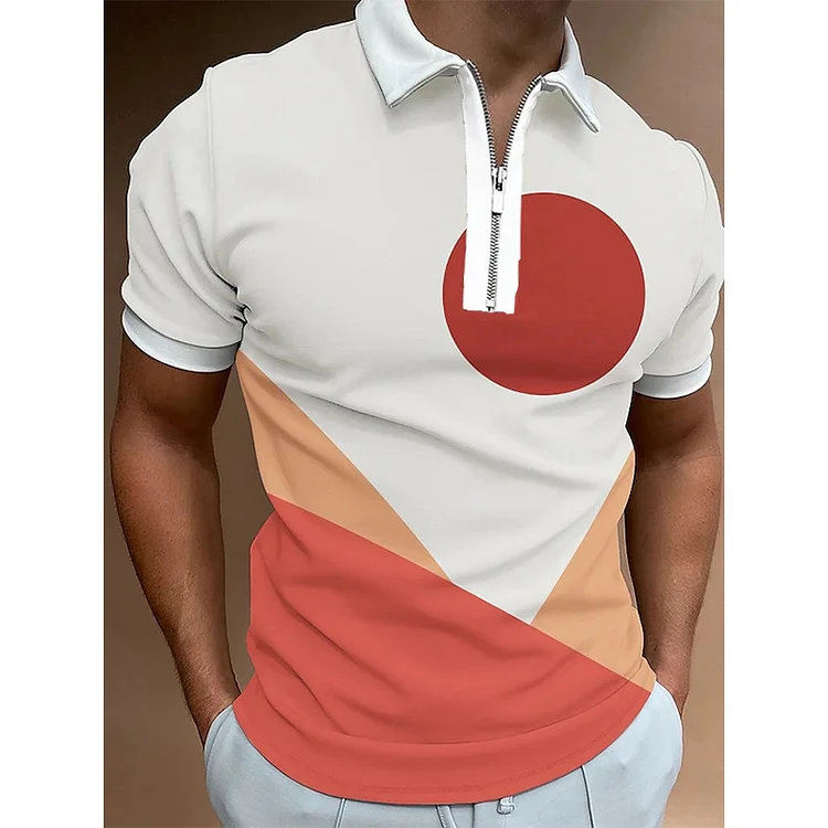 Abstract Geometry Pattern Casual Short Sleeve Tops Zipper Men's Polo Shirts at Hiphopee