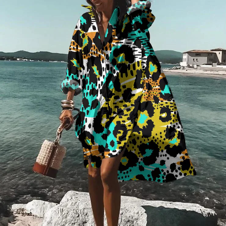 Leopard Print Color Block Long Sleeve Midi Dress