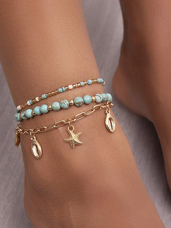 Beaded Chains Tasseled Triple Layered Anklets