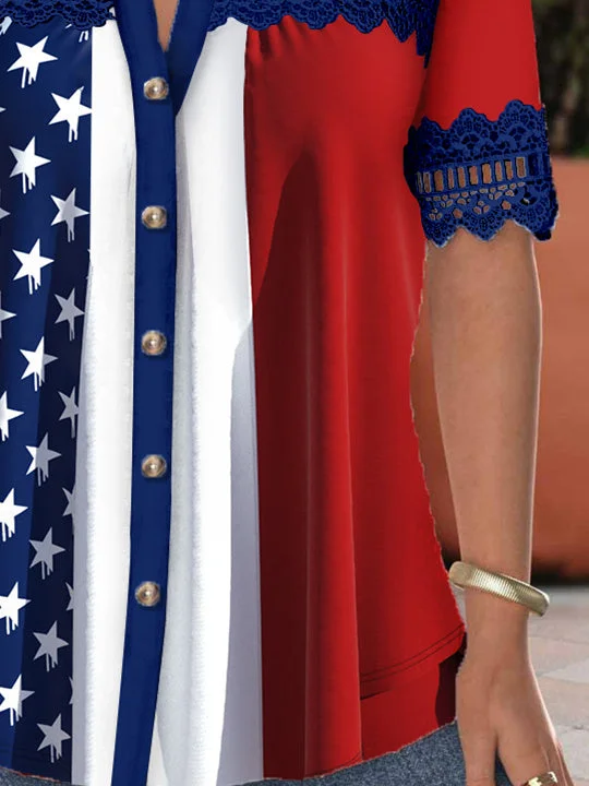 Women's Short Sleeve V-neck Lace Stitching Hollow Graphic Top