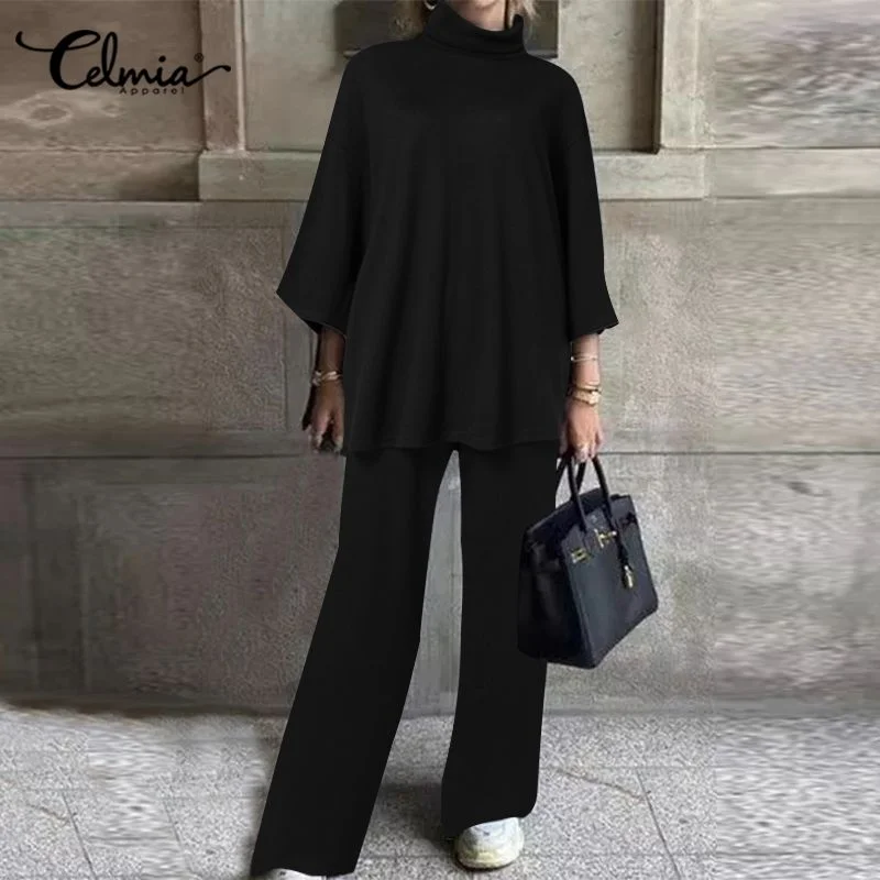 Celmia 2022 Fashion Women 2 Pieces Autumn Pant High Set Collar 3/4 Sleeve Tops and Wide Leg Long Pants Casual Loose Solid Suits