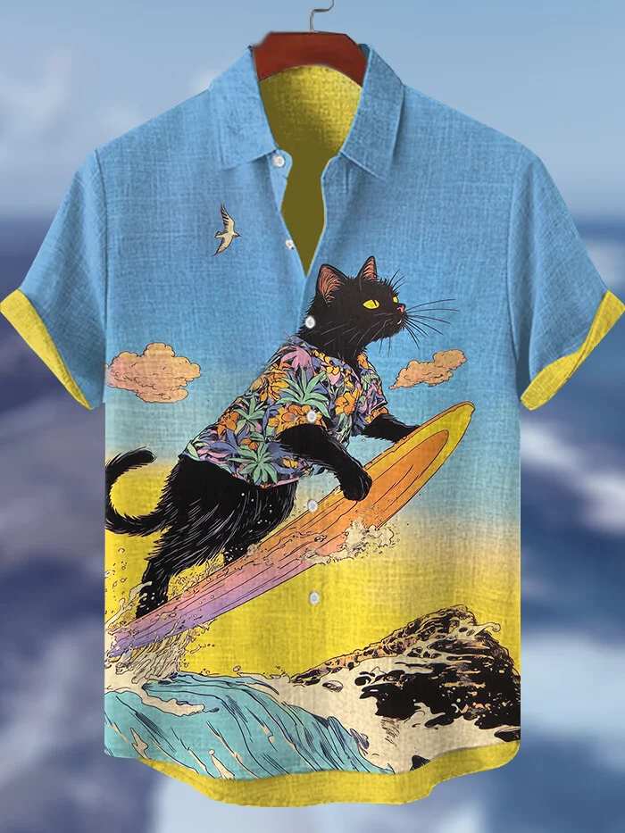 Men's Vacation Hawaiian Black Cat Surfing Print Short Sleeve Shirt