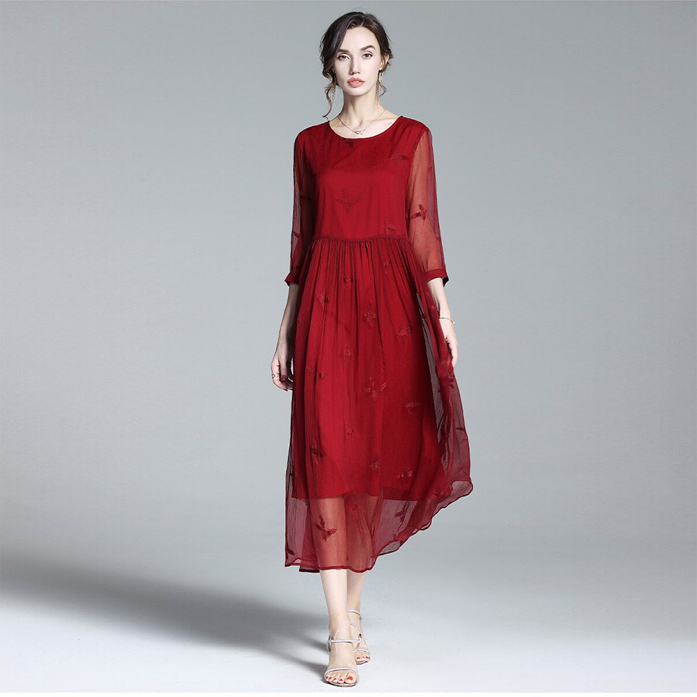 Silk Dress Embroidery Vacation Style REAL SILK LIFE