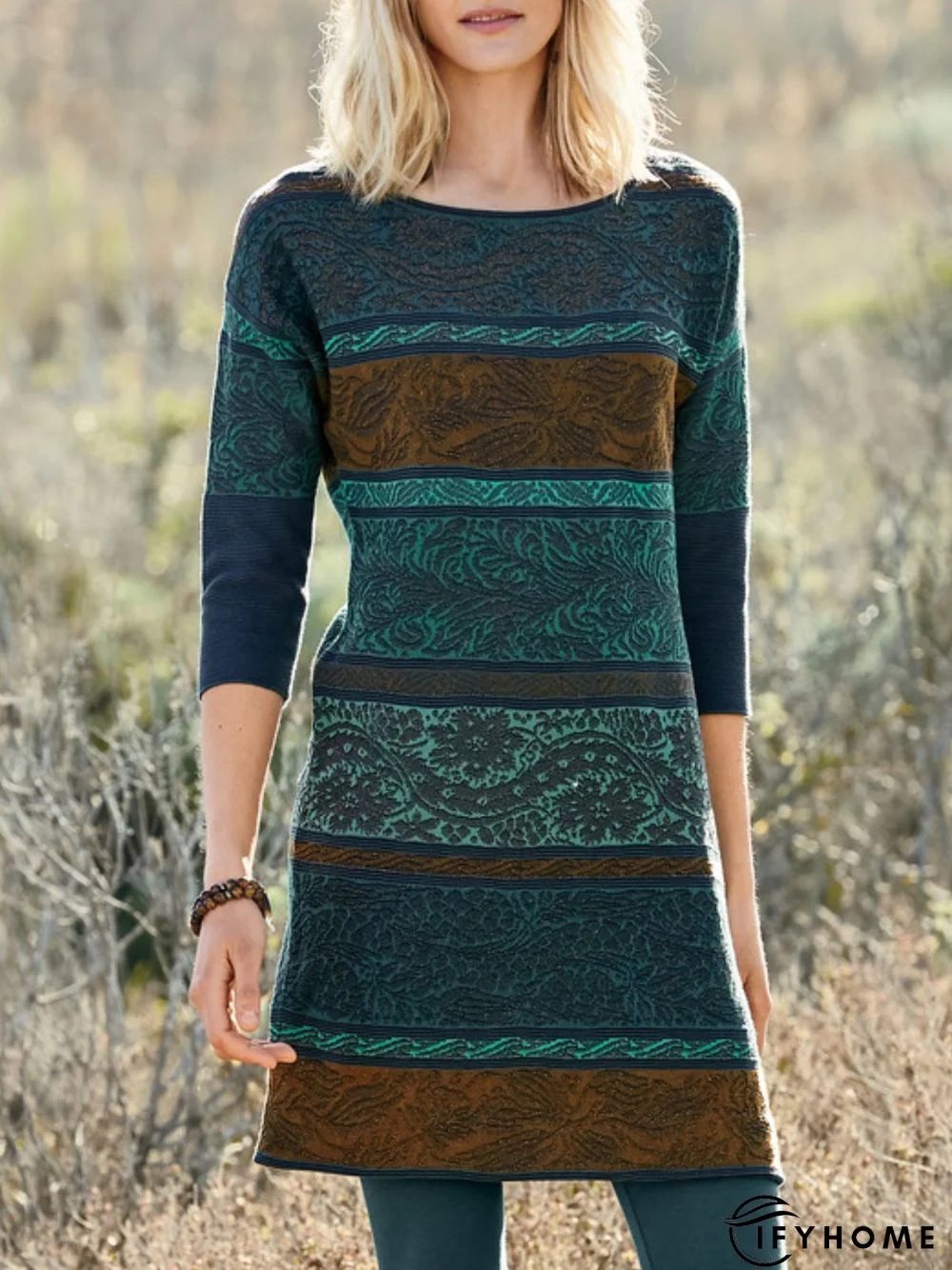 Green Round Neck Long Sleeve Floral Printed Knitting Dress | IFYHOME