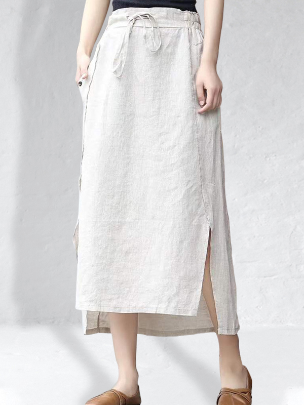 Linen Drawstring Waist Split Skirt wearshes