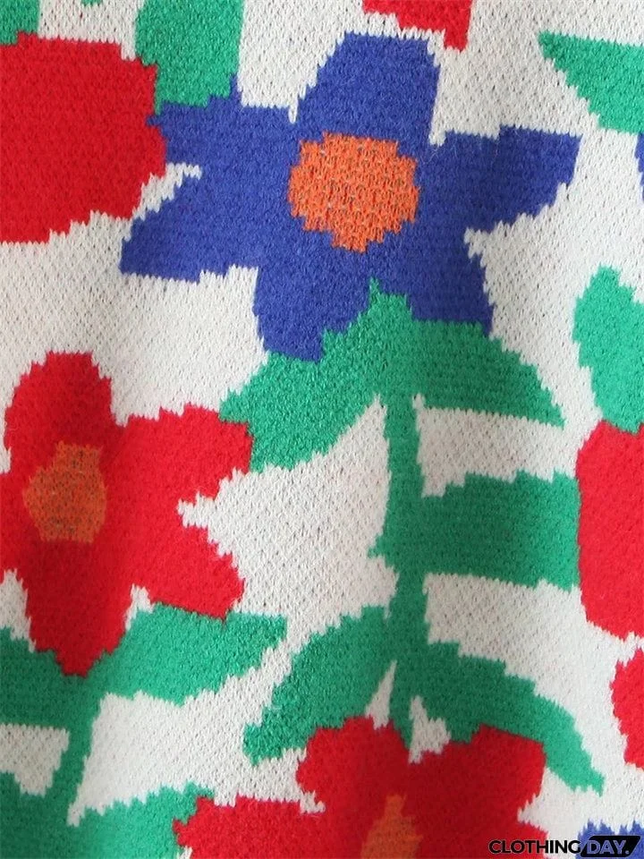 Casual Round Neck Floral Pullover Sweater