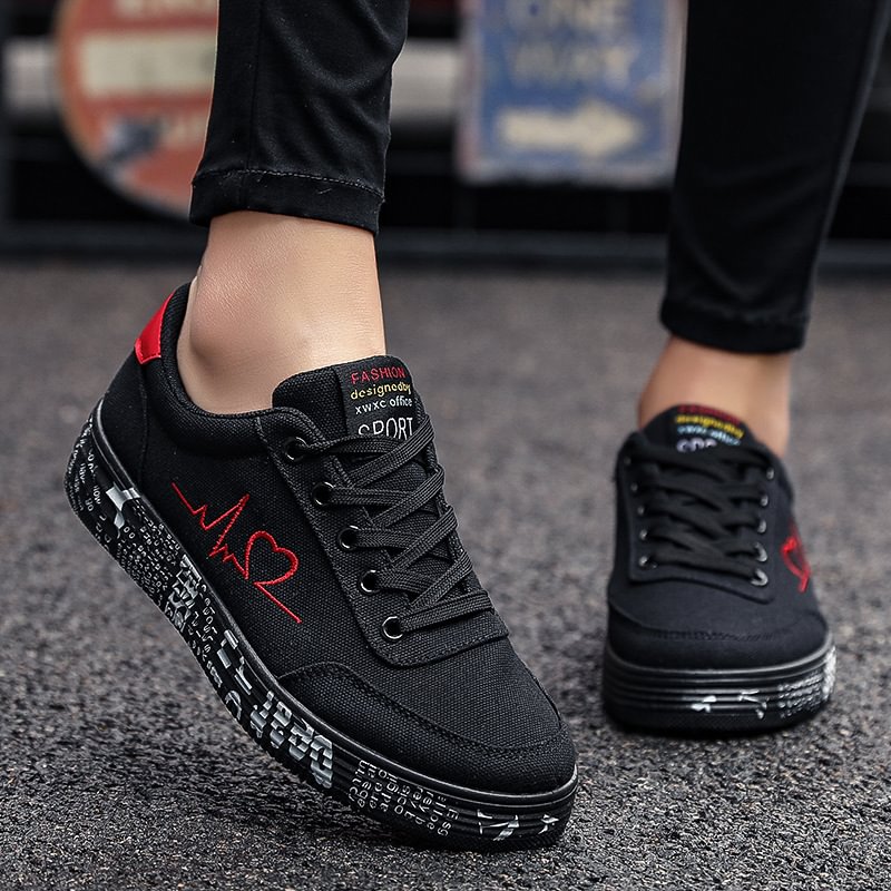 Love Print Canvas Shoes Women Men Flats Lace-up Casual Shoes Lover Sports Shoes Valentines Day-PABIUYOU- Women's Fashion Leader
