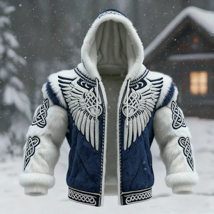 Men's Viking Tribal Jacquard Celtic With Wings Inspired Art Plush Warm Zipped Hooded Jacket