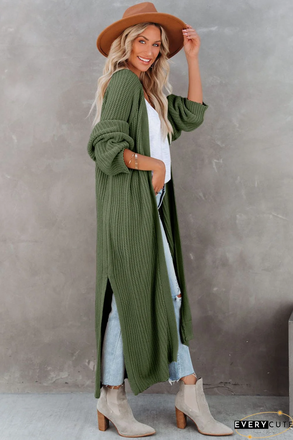 Open Front Side Slit Duster Knit Cardigan