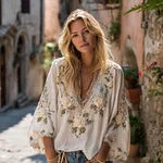 Bohemian Retro Flower Pattern Casual Linen Long-sleeve Top - Image 2