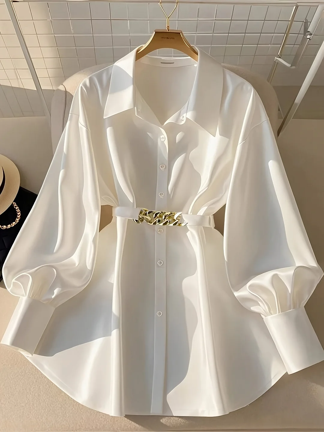 Women's Elegant Blouse - Formal & Everyday Chic Shirt With Collar, Non-Transparent Long Sleeve Button-Front Placket Blouse For Office, Party, Wedding - Machine Washable Women's Clothing, Party Wear, Sophisticated Style, Gathered Waist, Stylish Women | IFYHOME
