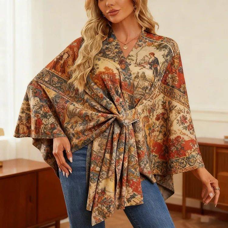 Vintage printing Elegant Shawl Wraps Soft Open Front Poncho Sweater 