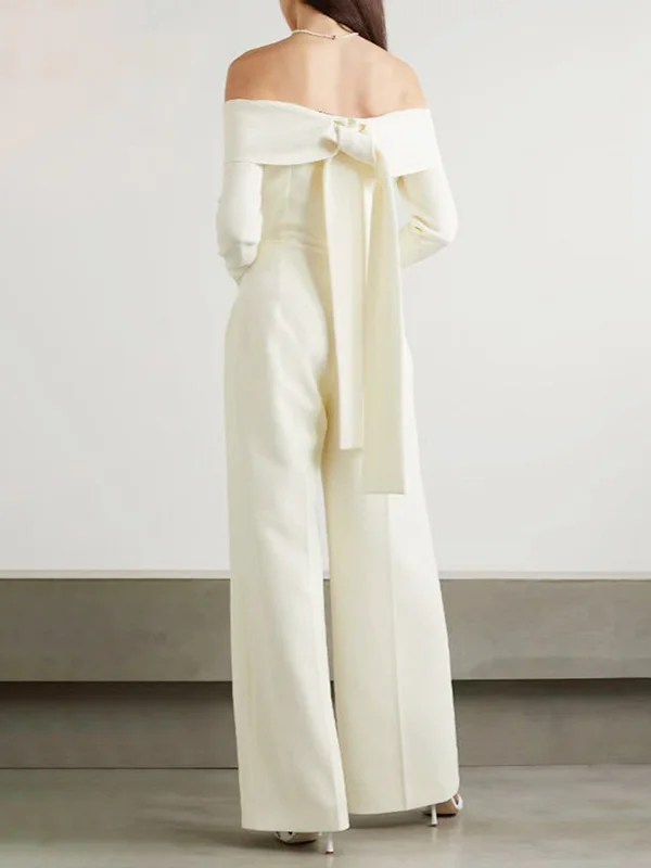 Tied Split-Joint Solid Color Pleated Wide Leg Long Sleeves Off-The-Shoulder Jumpsuits