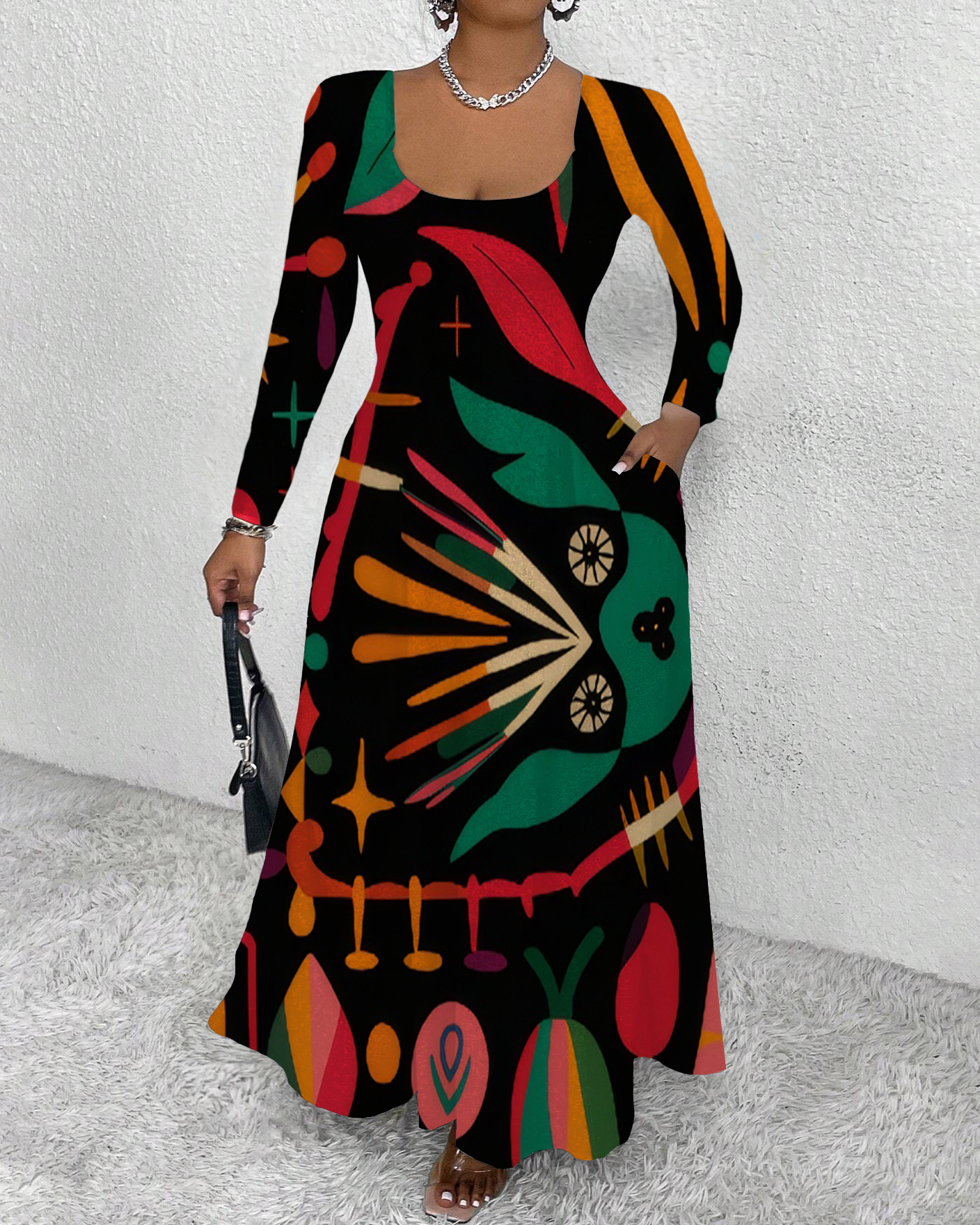 Hawaiian Colorful Leaves Round Neck Long Sleeve Maxi Dress