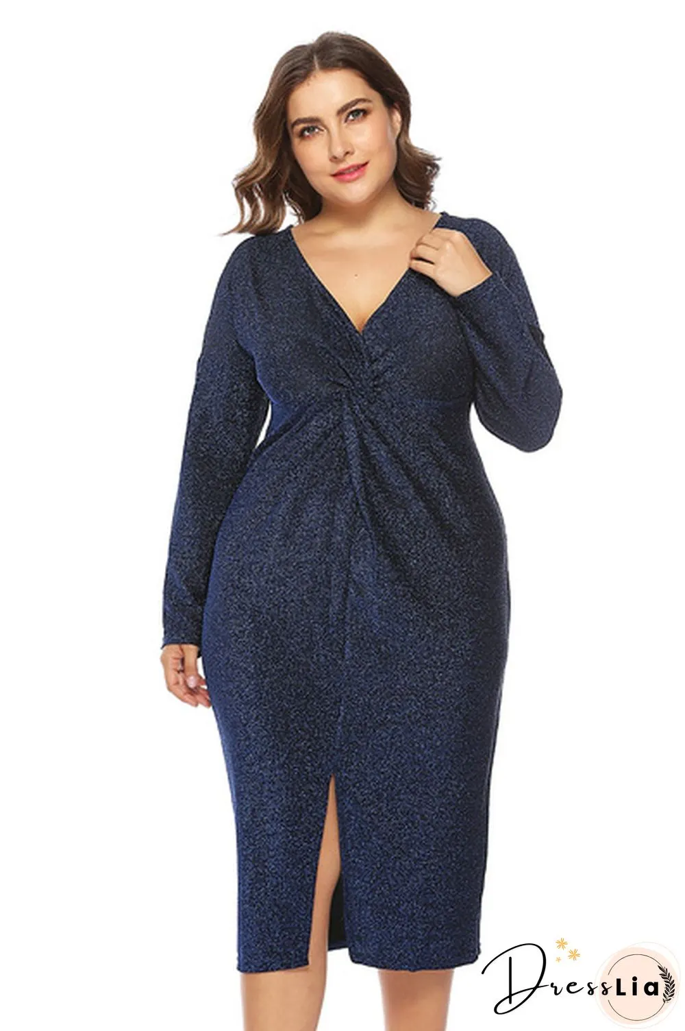 V Neck Long Sleeve Plus Size Metallic Shining Front Gathering Dress