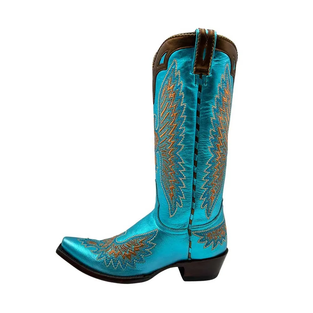 Women's Low Heel Wing Embroidered Metallic Turquoise Cowboy Boots