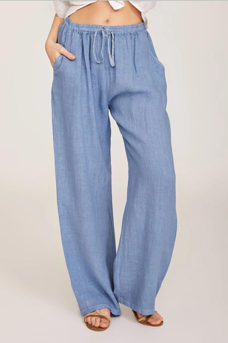Casual Blue Cotton And Linen Loose Strap Pants 2024 - Flycurvy 