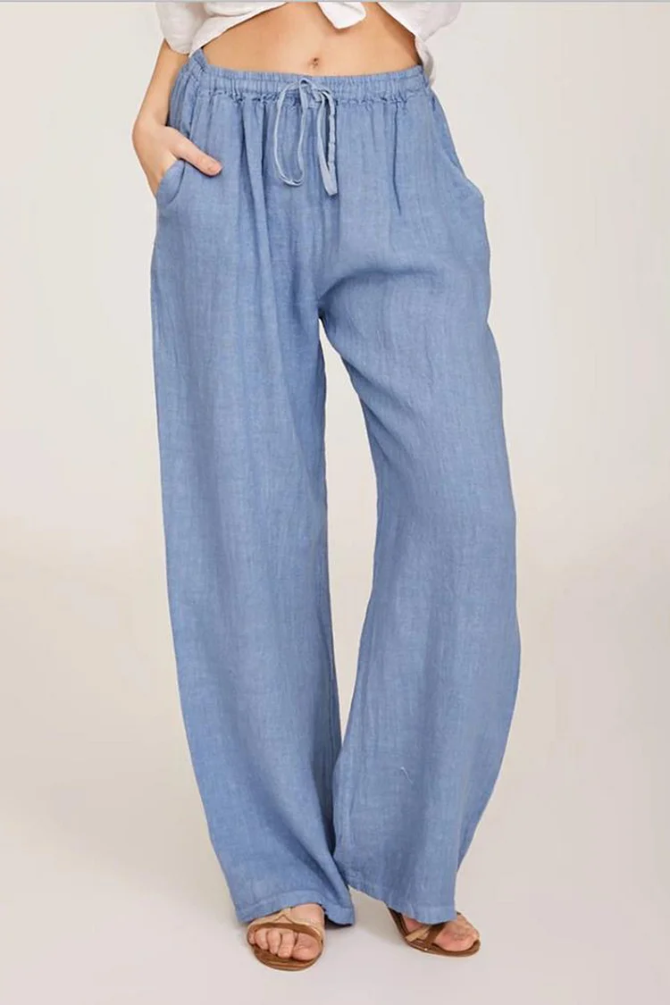 Casual Blue Cotton And Linen Loose Strap Pants  Flycurvy [product_label]