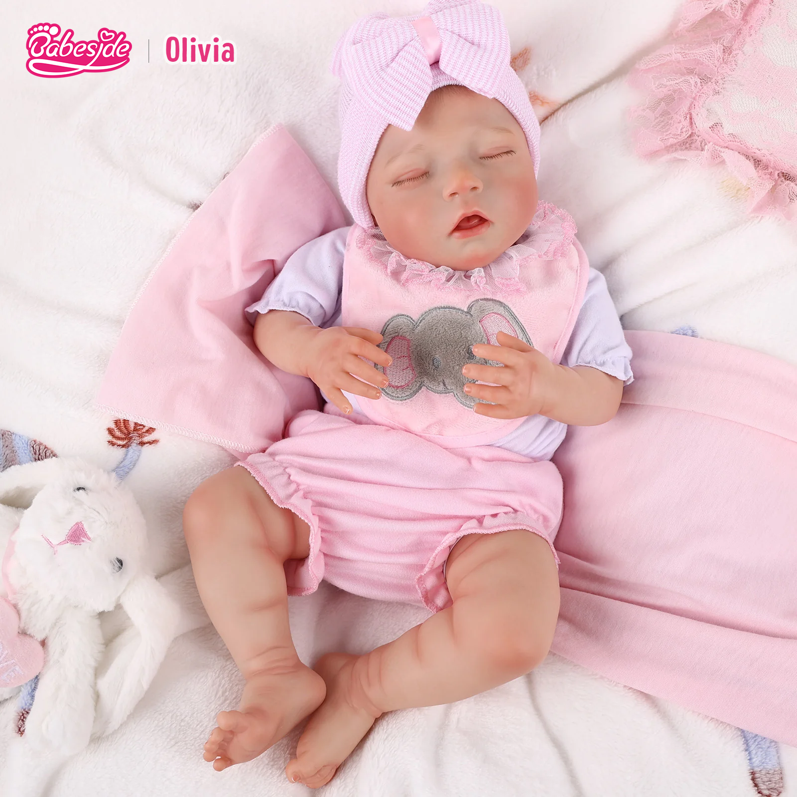 Babeside Sleeping Reborn Baby Olivia 20'' Little Infant Girl Best Gift for Kids Sleeping Pink Suit Baby-Heartbeat and Coos