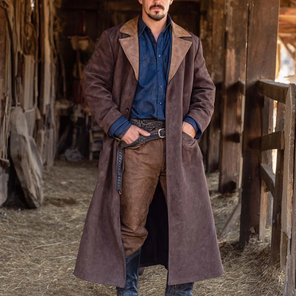 Men's Vintage Western Cowboy Brown Suede Contrast Long Trench Coat-inspireuse