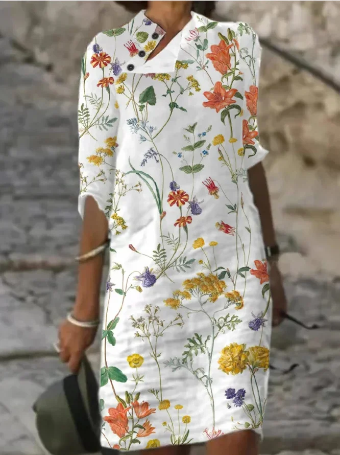 Fashionable Casual Stand Up Collar Button Up Middle Sleeve Printed Dress