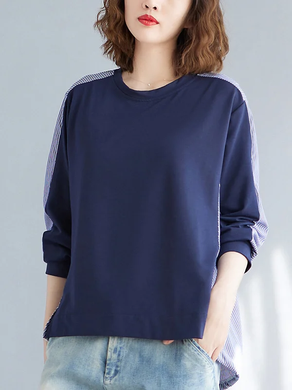 Artistic Retro Roomy Long Sleeves Contrast Color Striped Split-Joint Round-Neck T-Shirts Tops