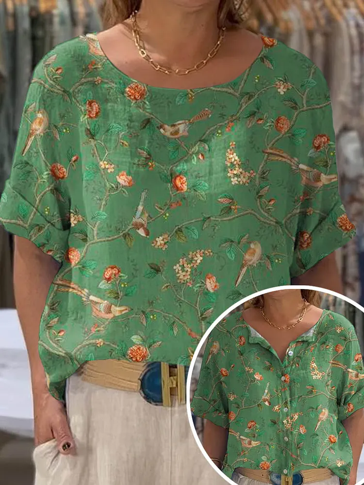 Women's Vintage Lovely Floral Birds Art Print Front And Back Wear Short Sleeve Cotton Shirt