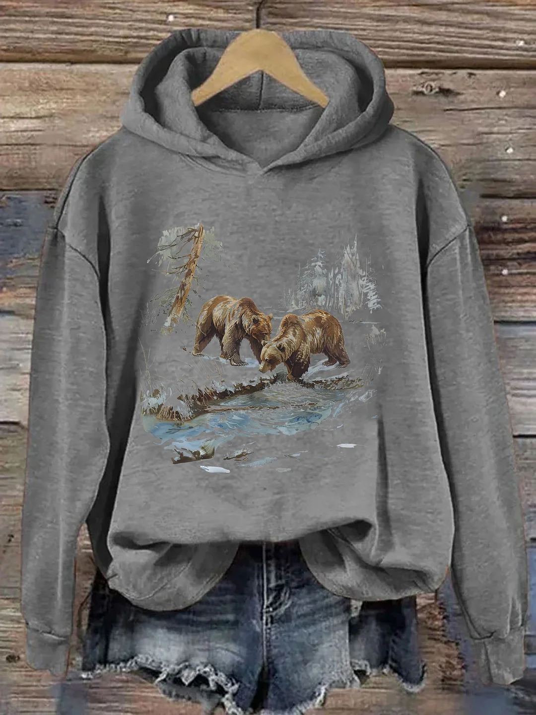 Retro Grizzly Bears Wilderness Scene Hoodie