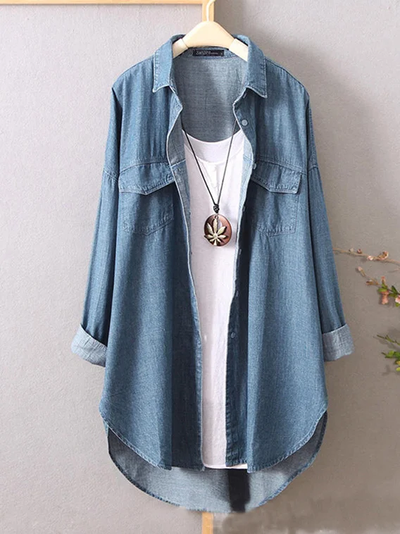 Blue  Denim  cotton and linen shirt loose shirt top