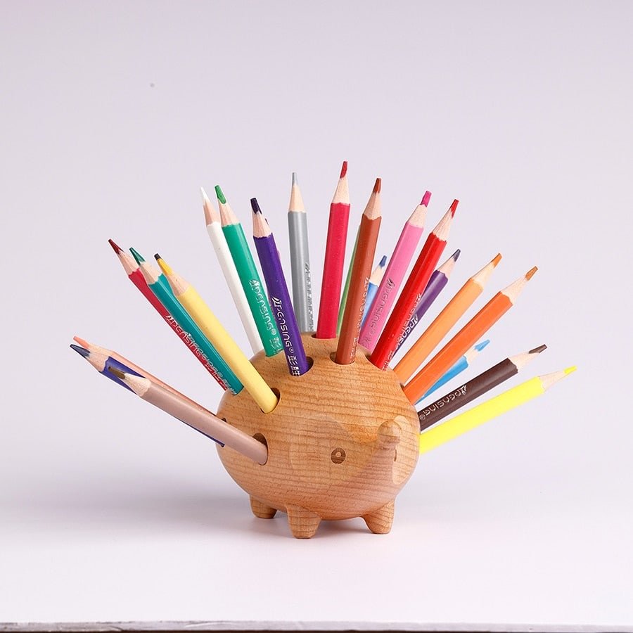 Solid Wood Carving Hedgehog Penholder is Nordic Home Decoration Art and Craft for desk figurines and Children's Christmas gift
