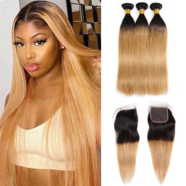 Ombre T1b/27 Colored Human Hair Straight Hair Bundles With Lace Closure US Mall Lifes