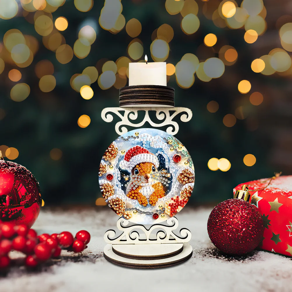 5D DIY Squirrel Wooden Special Shaped Christmas Theme Diamond Painting Candle Holder