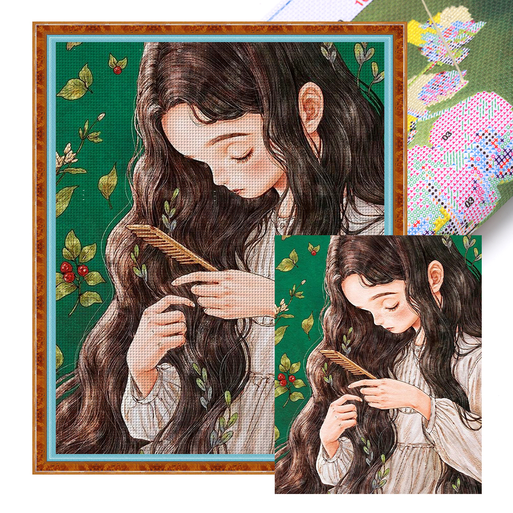 Forest girl combing hair Full 11CT Pre-stamped Canvas(50*60cm) Cross Stitch