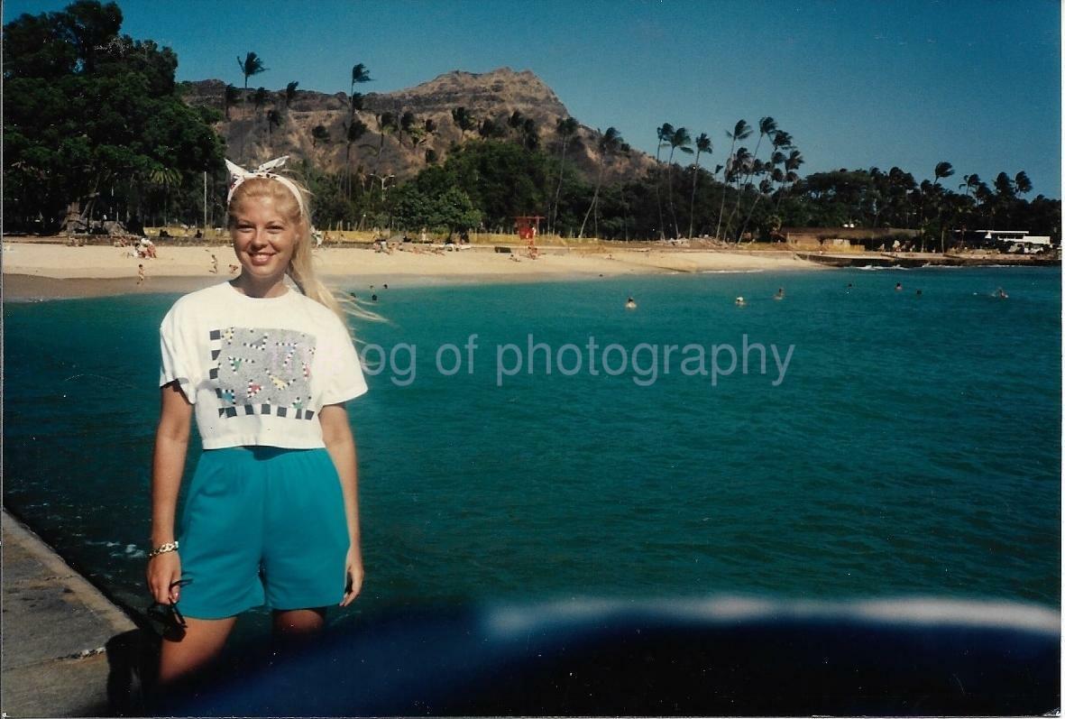 FOUND Photo Poster painting Color Portrait Of A Pretty Young Woman TROPICAL BEACH SCENE 08 13 W