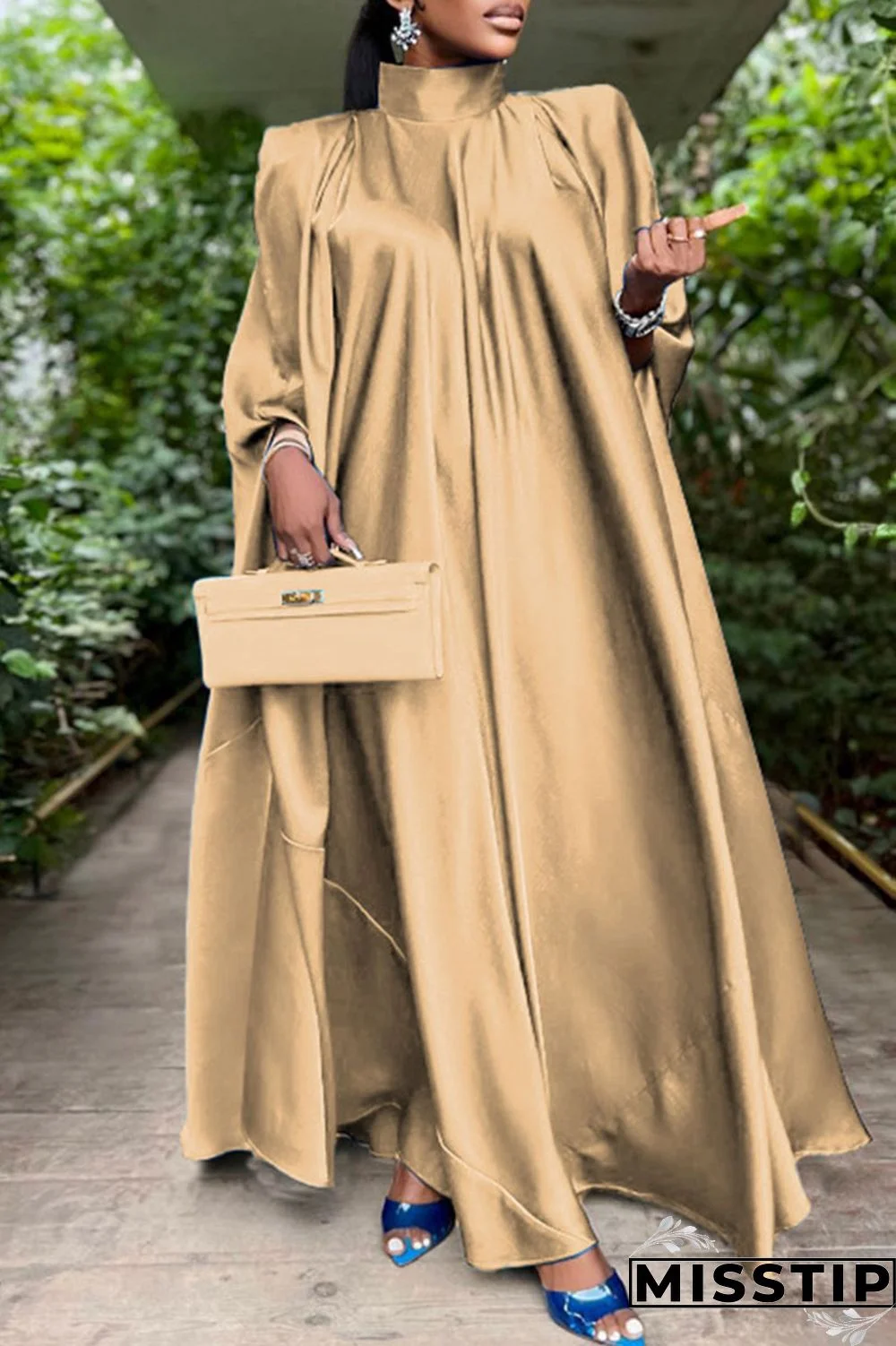 Blue Casual Solid Patchwork Turtleneck Straight Dresses