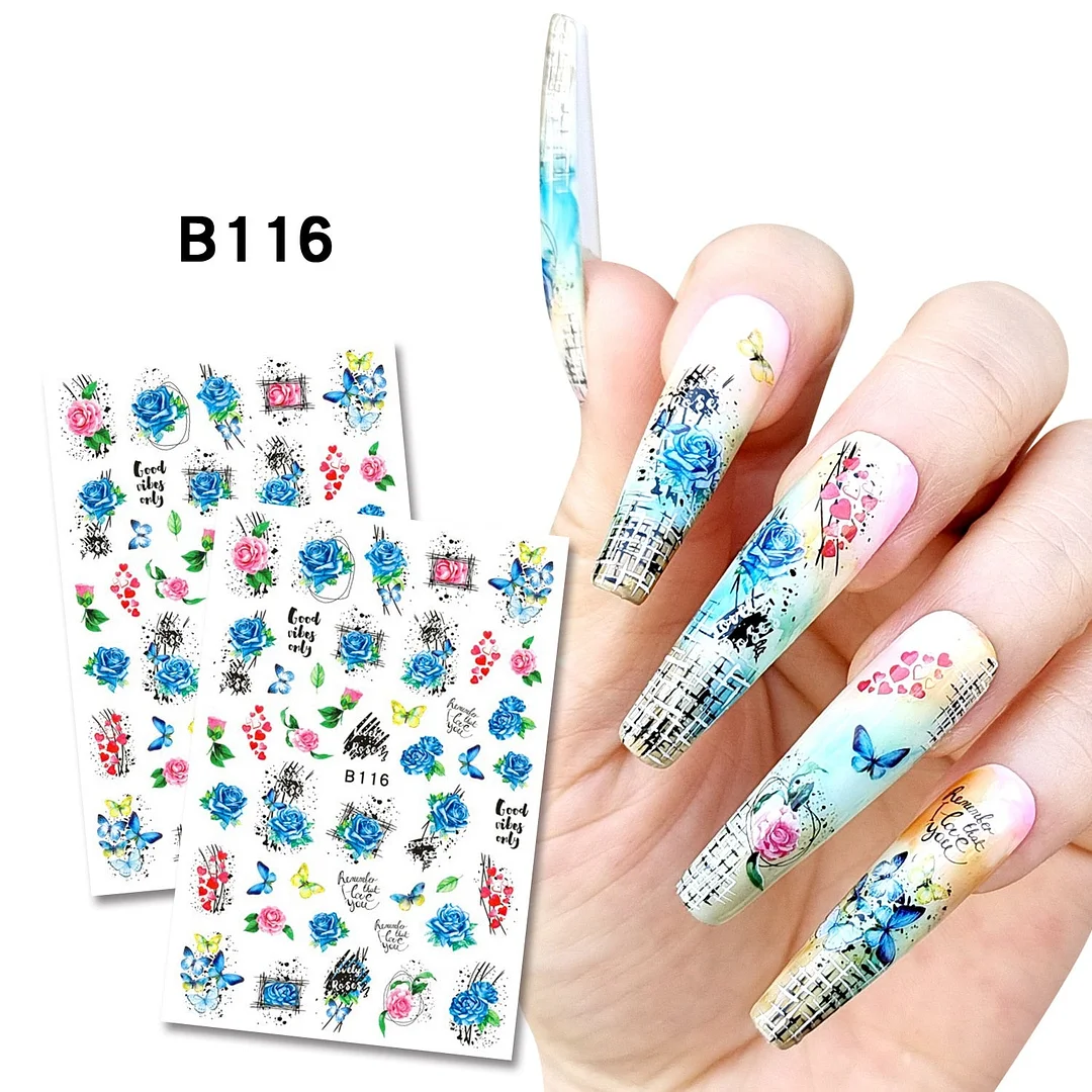 Purple Red Pink Rose Flower 3D Nail Sticker Leaves Love Heart Self-Adhesive Slider Art Decorations Decals Manicure Accessories-Nail Inspo