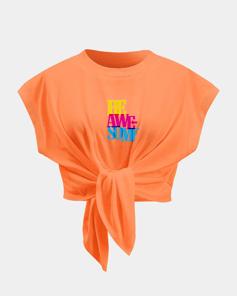 Women Plus Size Pleated Lace-up Be Awesome Letter Print Short Sleeve T-shirt