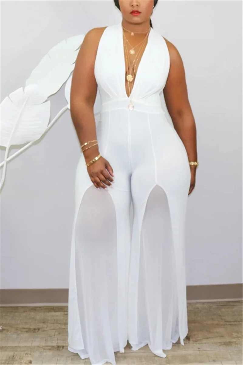 White Fashion Sexy V Neck Solid Stitching Plus Size | EGEMISS