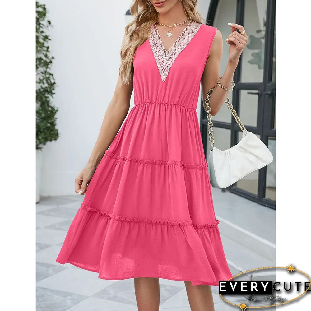 Rose Lace V Neck Tiered Sleeveless Casual Dress