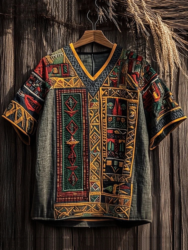 Men's Egyptian African Ethnic Geometric Juneteenth Black Pride Art Print Linen T-shirt / Rvogue / Rvogue