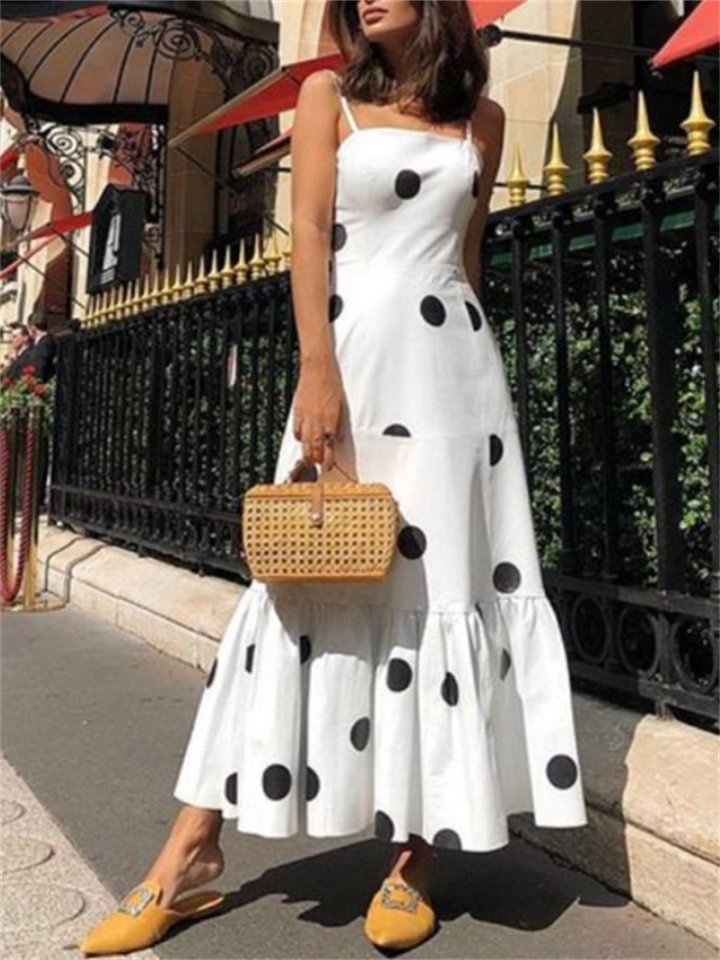 New Polka-dot Sling Fashion Long-necked White Dresses