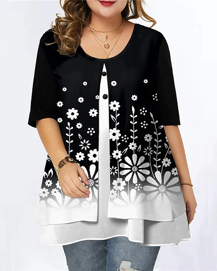 Women's Plus Size Chiffon Shirt Fake Two Piece Print Top
