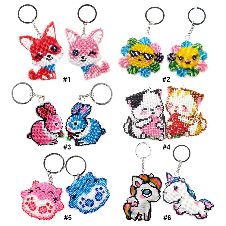 Keychain - 2PCS Red Pink Fox Stamped Cross Stitch Bead Embroidery