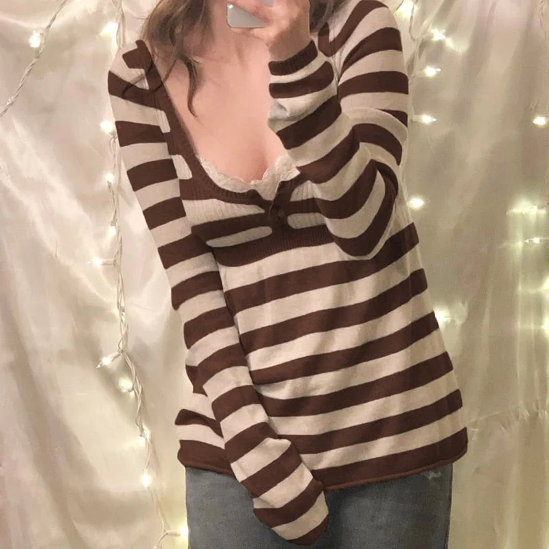 Rapcopter Y2K Button Sweaters O Neck Full Sleeve A-Line Jumpers Sweet Cute Striped Pullovers Women Autumn Winter Knitwear Retro