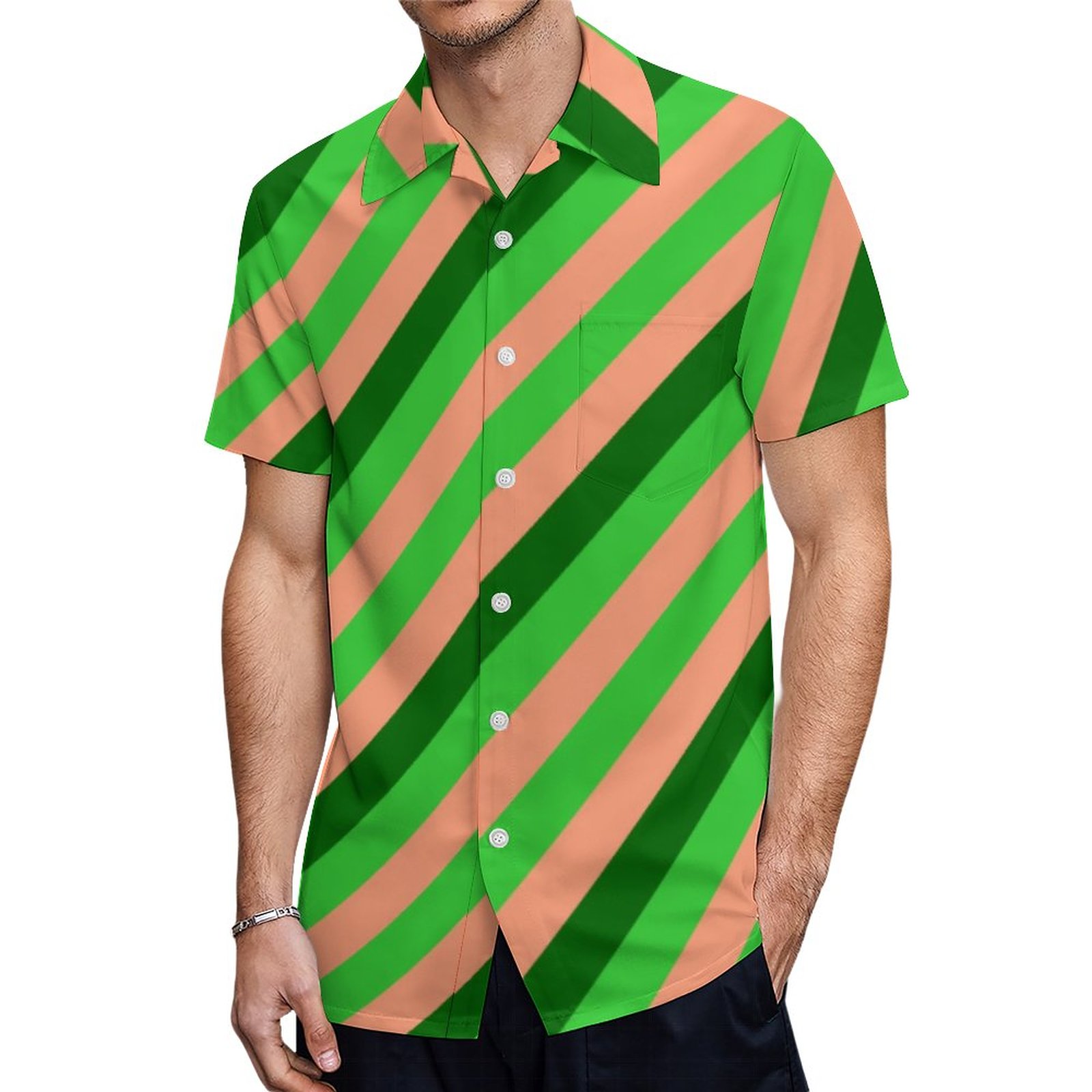 Light Salmon Lime Green And Dark Green Stripes Hawaiian Shirt Mens Button Down Tropical Hawaii Beach Shirts